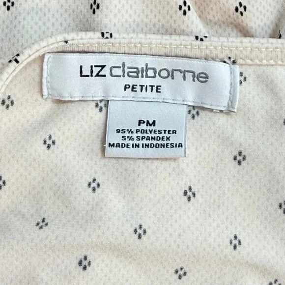 Liz Claiborne Petite PM Cream Diamond Print Tie-Neck Blouse Top - Picture 4 of 6